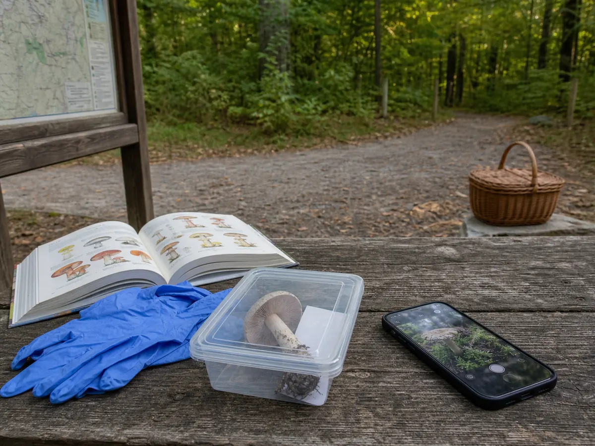 Unknown wild mushroom isolated in a sample container away from a closed food basket