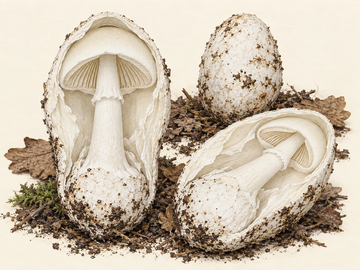 Longitudinally cut Amanita-type buttons reveal developing caps, gills and stems inside an outer veil