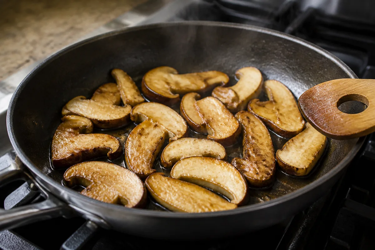 Verified porcini slices browned and steaming in an uncrowded skillet with no raw garnish - thoroughly cooked porcini during pregnancy