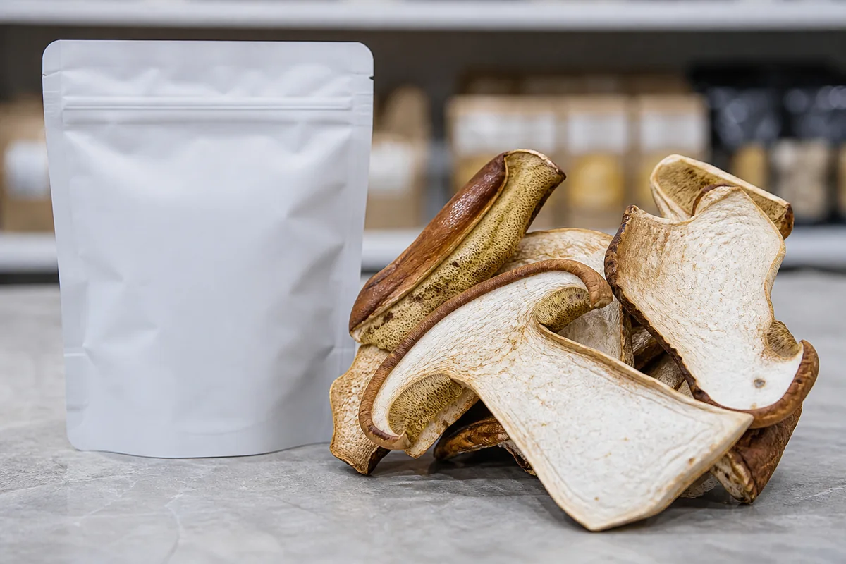 Recognizable dried porcini slices beside a plain sealed food pouch with no loose powder or mixed pieces - dried porcini during pregnancy