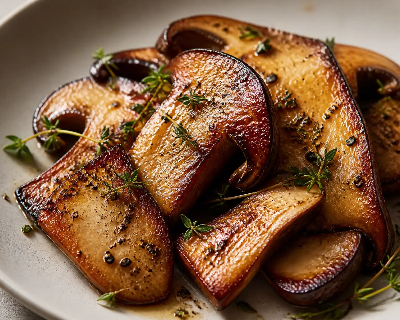 A plated portion of thick porcini slices browned in butter with herbs, lit from the side