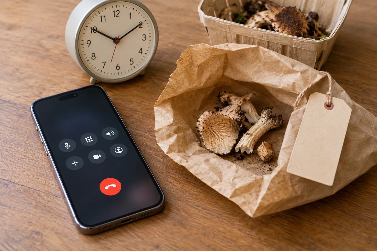 Phone and clock beside remaining mushroom pieces in a paper bag with a blank tag