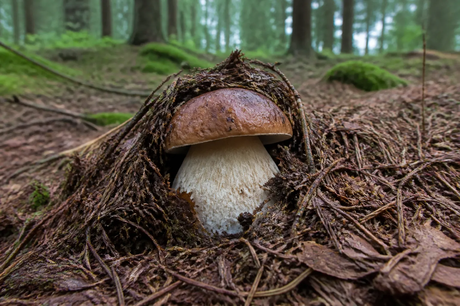 A porcini pushing up through conifer needles and leaf litter on the forest floor, photographed at ground level