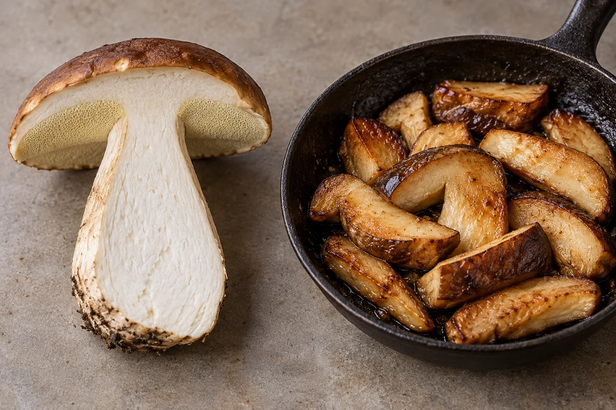 Raw porcini cross-section beside browned cooked porcini slices