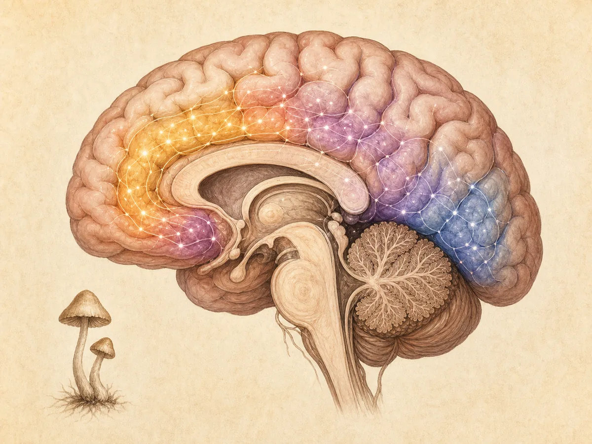 Scientific illustration of a brain cutaway with selected serotonin-signaling regions highlighted beside a mushroom silhouette