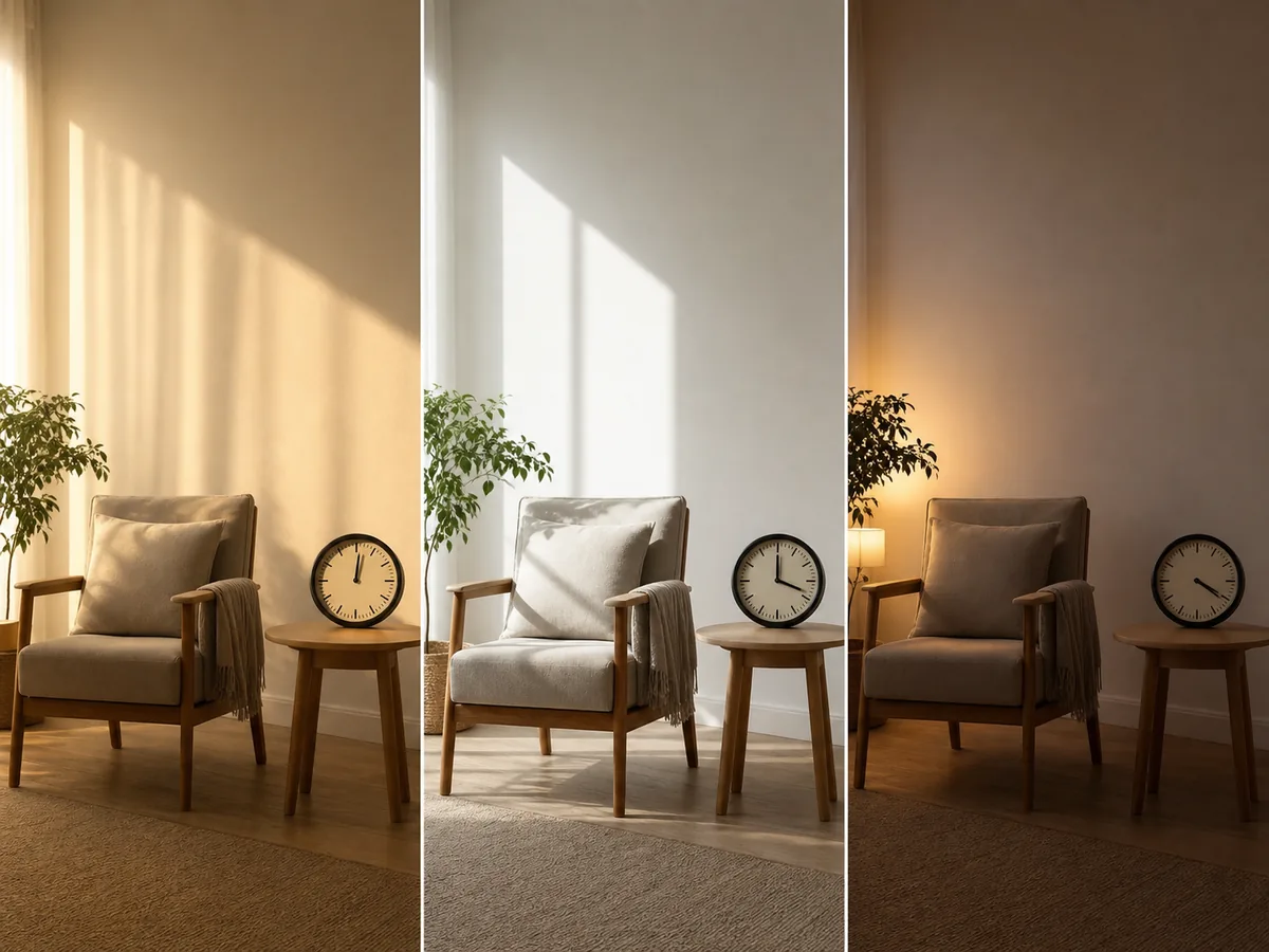 Three analog clocks in changing ambient light beside the same resting chair