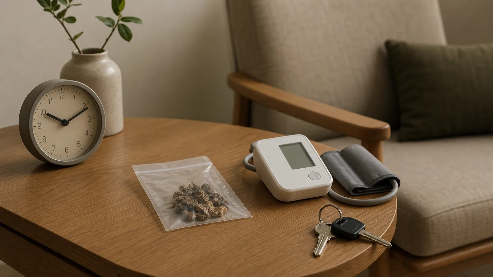 Calm low-stimulation room with a clock, sealed mushroom evidence, and clinical monitoring objects