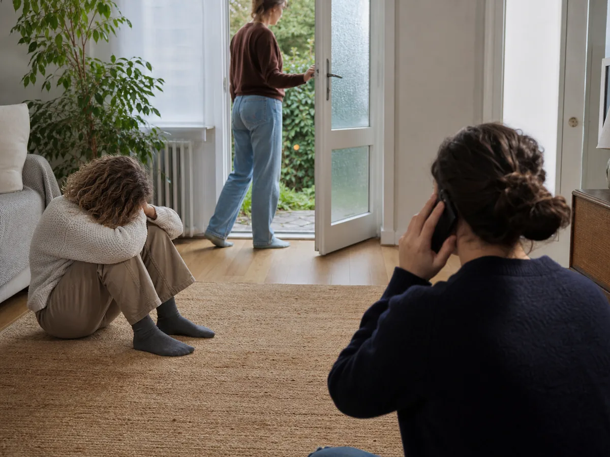 A distressed adult in a quiet room while a calm helper removes hazards and calls emergency services