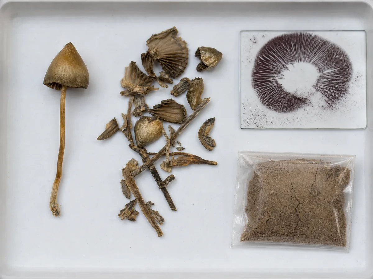 Intact liberty cap, dried fragments, powder, and a purple-brown spore deposit kept separate on a field-guide tray