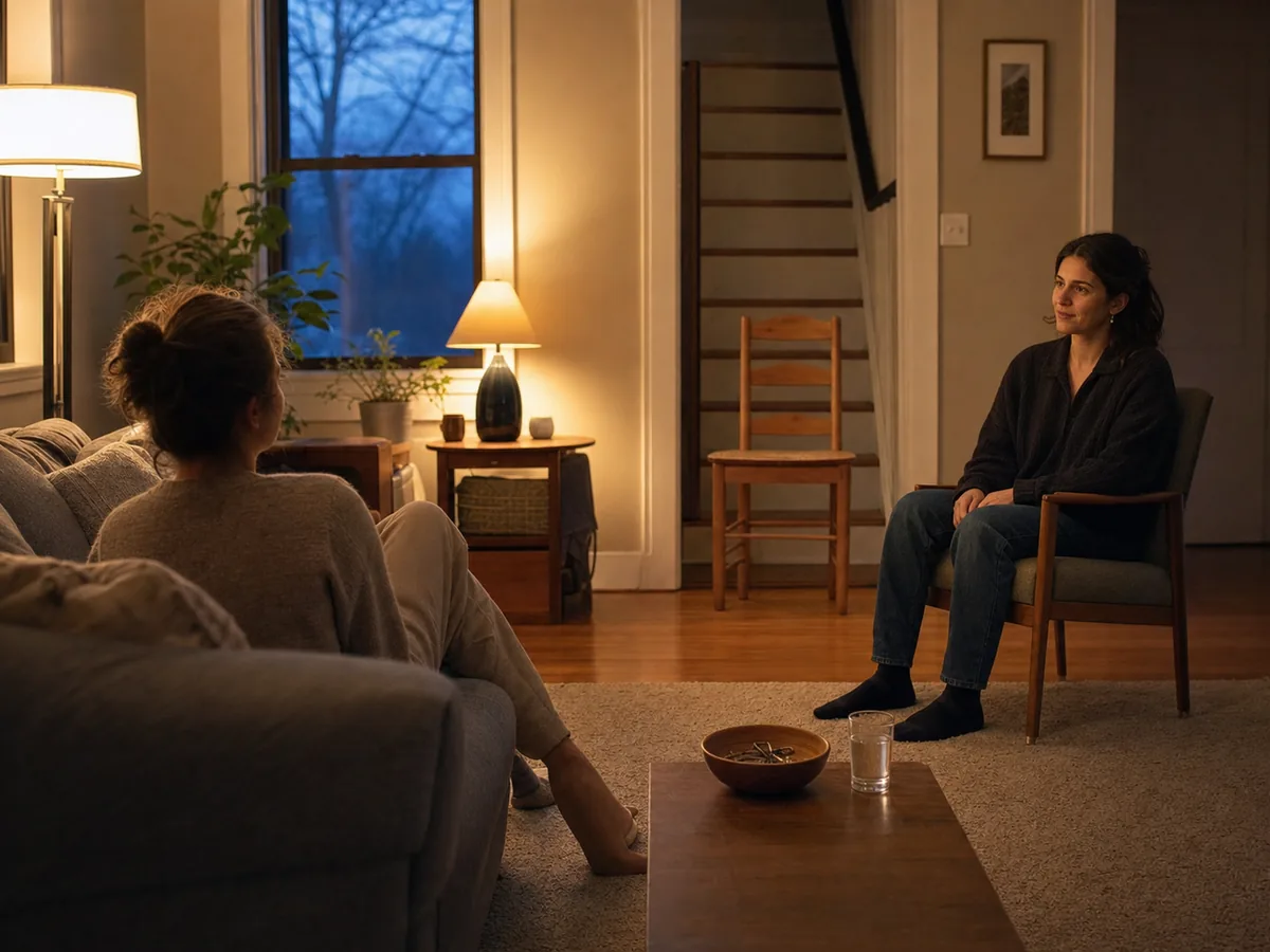 A calm low-stimulation room with one seated person and one sober support person while keys and hazards remain out of reach