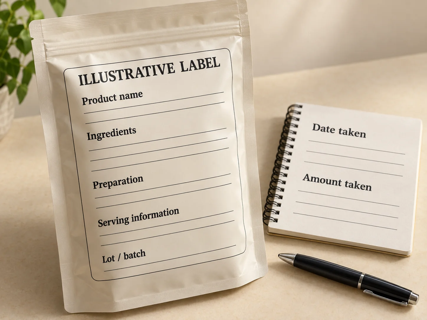 Illustrative packet label with ingredient and serving fields beside a notebook for date and amount taken.