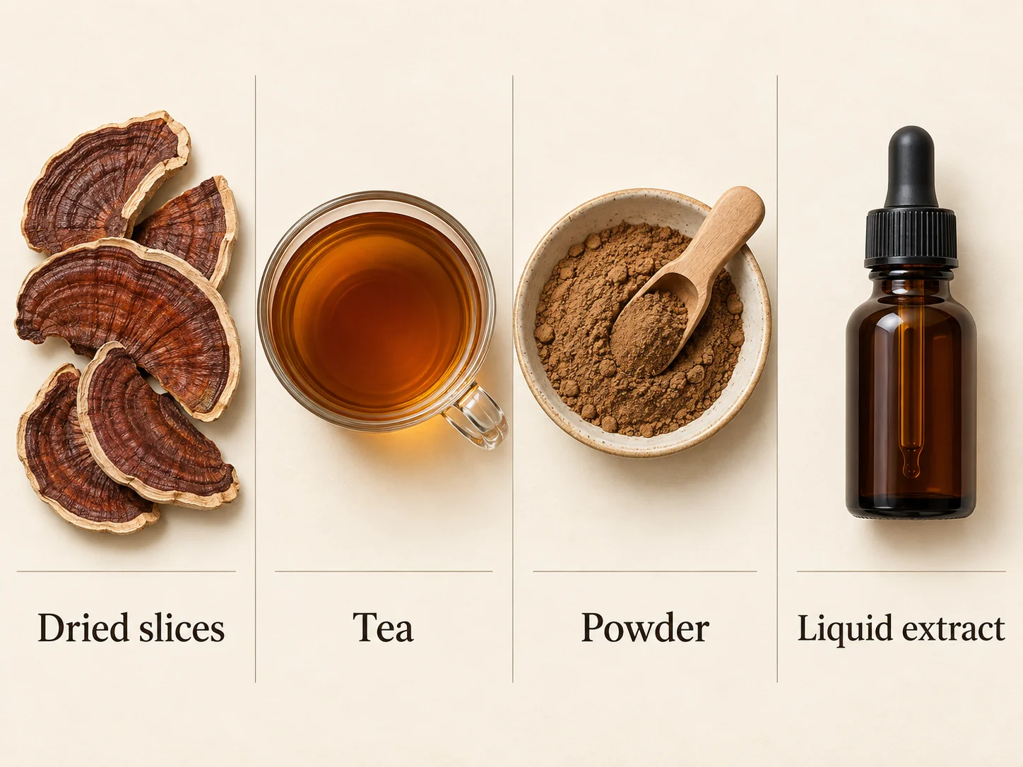 Dried reishi pieces, brewed tea, mushroom powder and a liquid-extract bottle in four labeled panels.