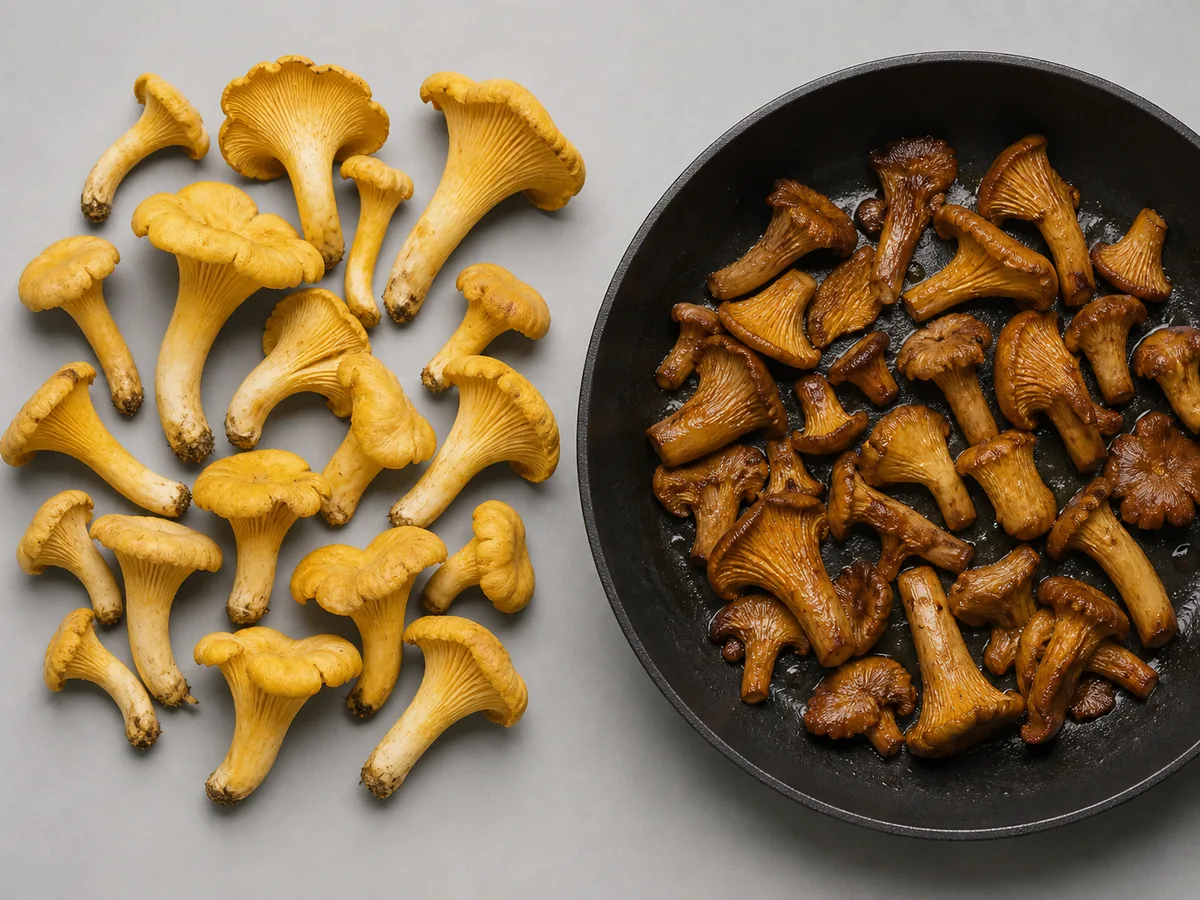 Raw golden chanterelles on the left and the same mushrooms cooked and browned on the right