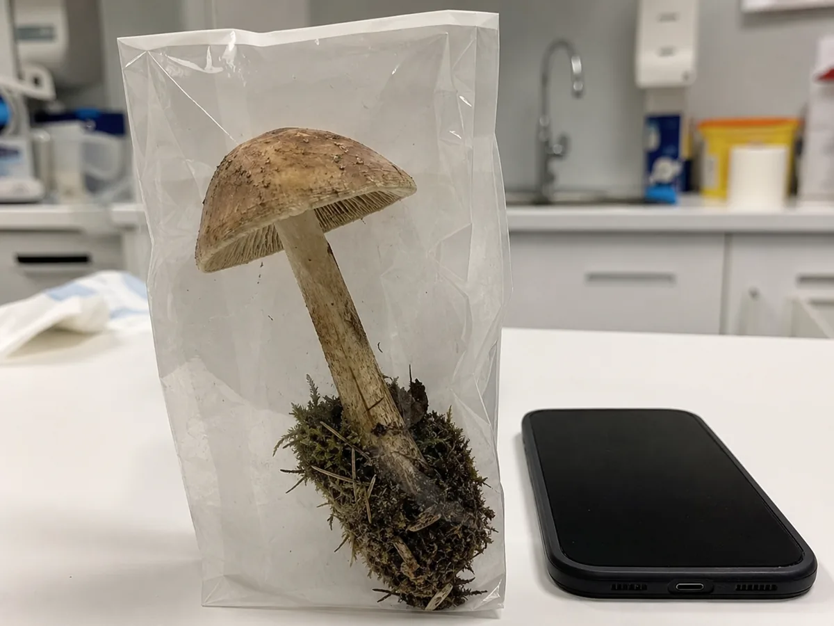 A whole wild mushroom specimen sealed in a clear paper bag on a clinical counter beside a phone