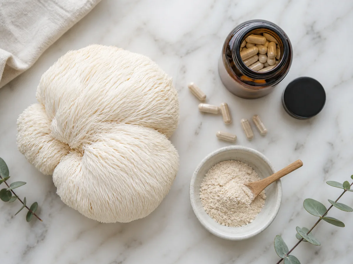 A fresh white lion's mane mushroom beside a supplement capsule bottle and loose powder in a dish