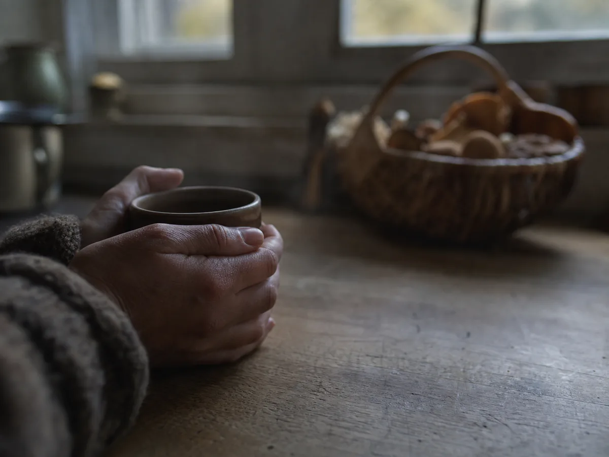 Hands holding a warm mug at a kitchen table in dim morning light with a foraging basket pushed aside
