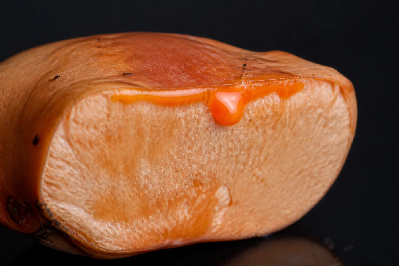 An orange mushroom cap cut cleanly in half with a bead of bright carrot-orange milky liquid welling out along the cut surface