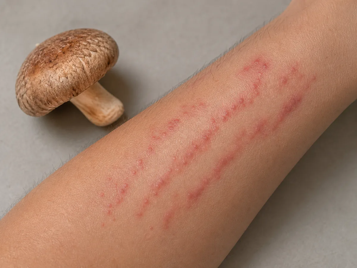 Restrained close view of linear red papules on an anonymous forearm beside raw shiitake - shiitake dermatitis pattern
