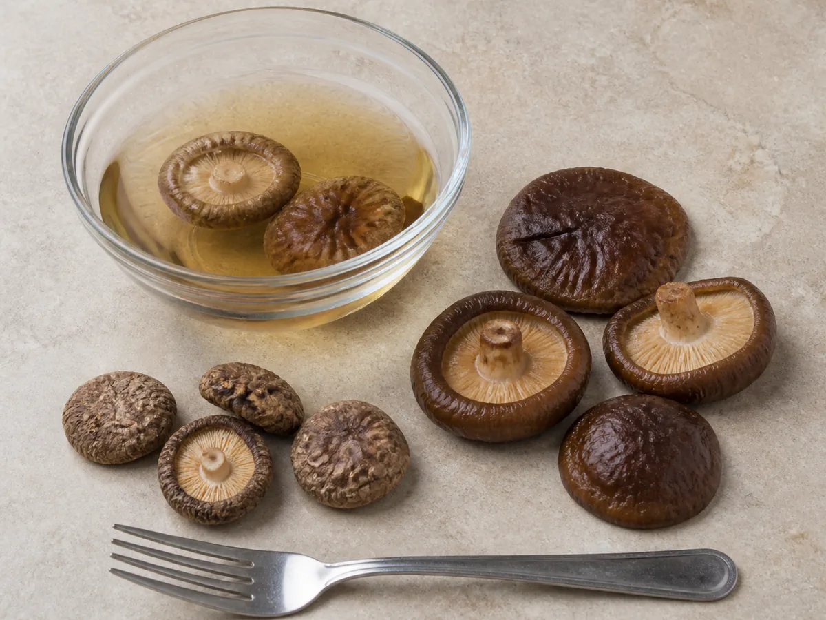 Dry shiitake caps beside fully rehydrated caps, a bowl, and dinner fork - dried shiitake preparation