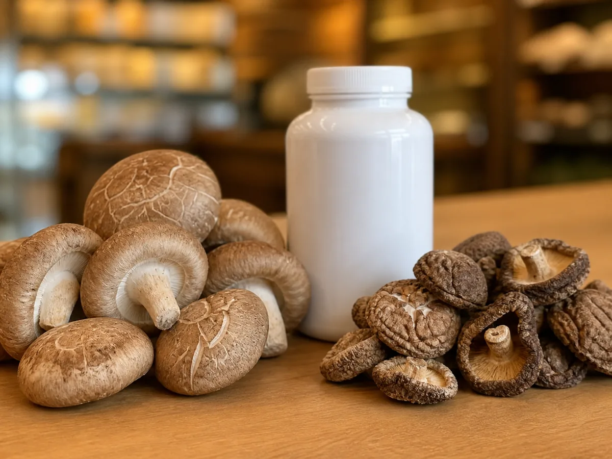 Fresh and dried whole shiitake separated from an unbranded capsule bottle - shiitake food and supplement forms