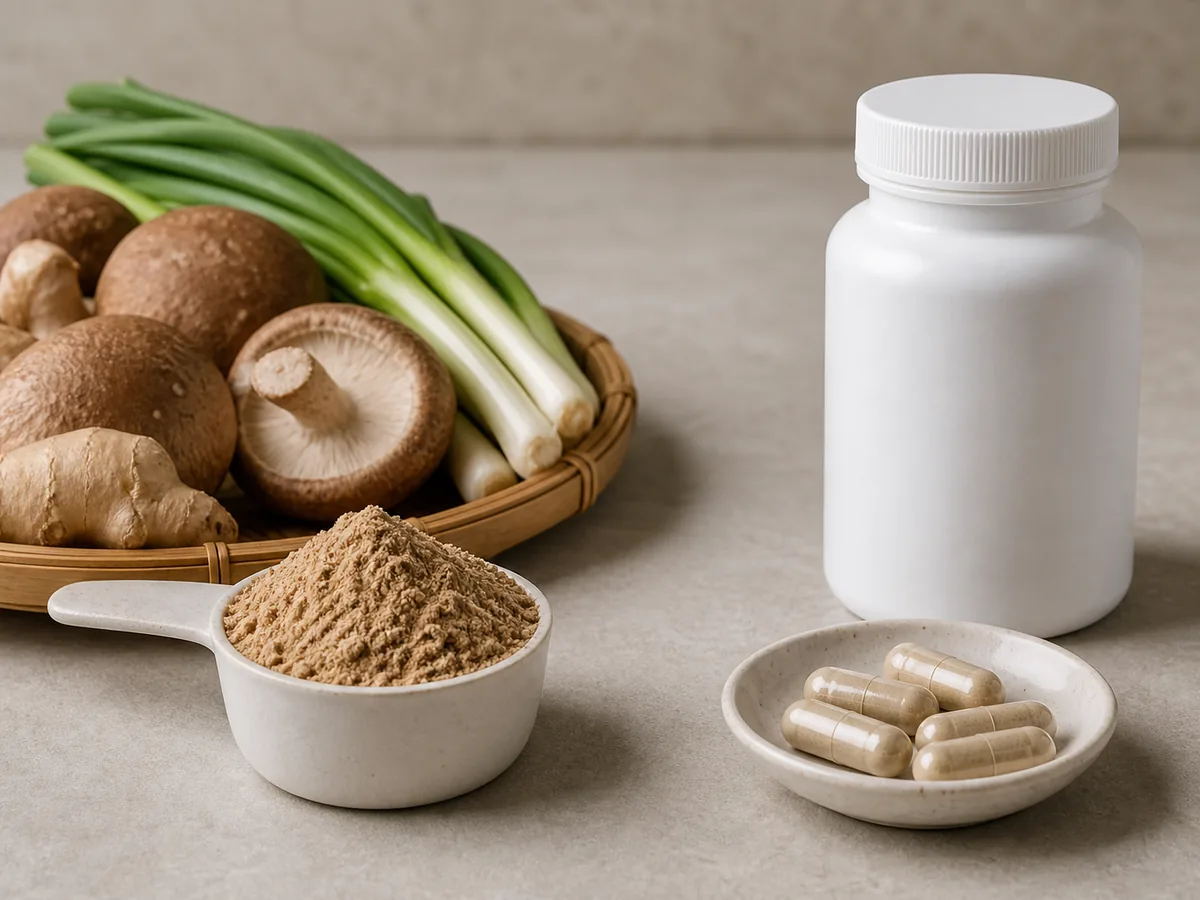 Measured shiitake powder beside soup ingredients and a sealed unbranded capsule bottle - shiitake powder versus supplement