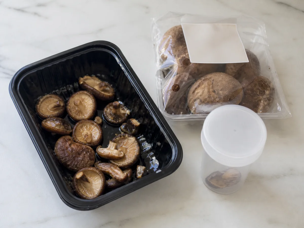 Sealed cooked shiitake leftovers beside packaging, blank notes, and a phone - evidence after a shiitake reaction