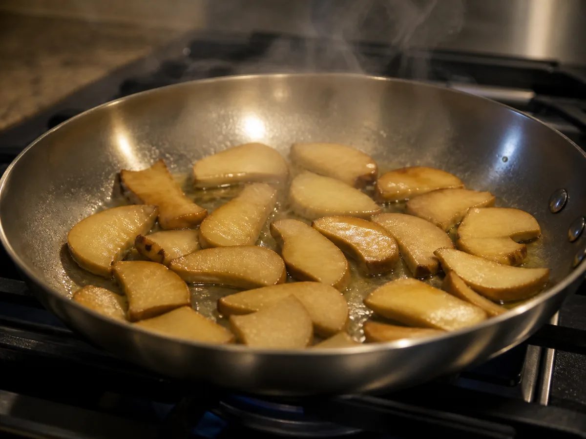 Peeled even slippery jack slices cooking in one layer in a broad skillet - cooking slippery jack mushrooms