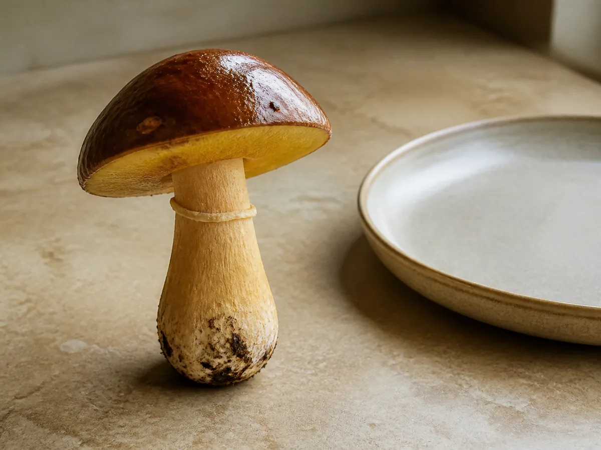 Whole slippery jack with a brown sticky cap, yellow pores, pale stem, and ring beside an empty plate - slippery jack pregnancy decision