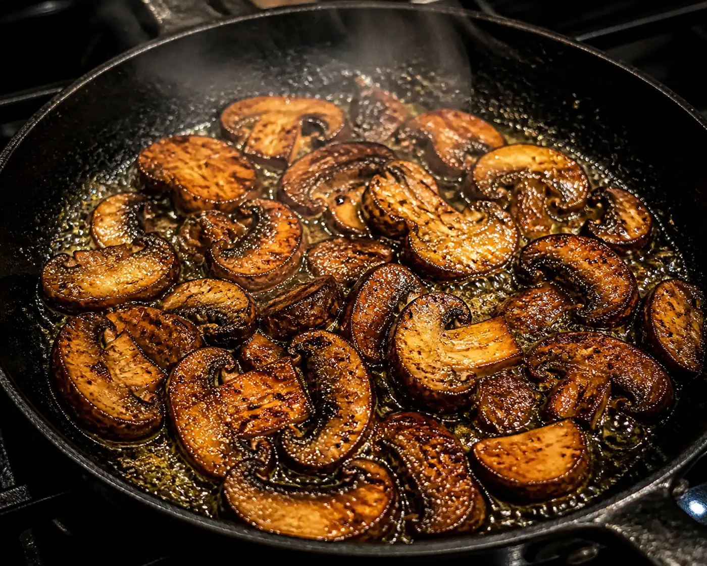 Thick mushroom slices frying hard in butter in a black skillet, well browned and shrunken with steam rising