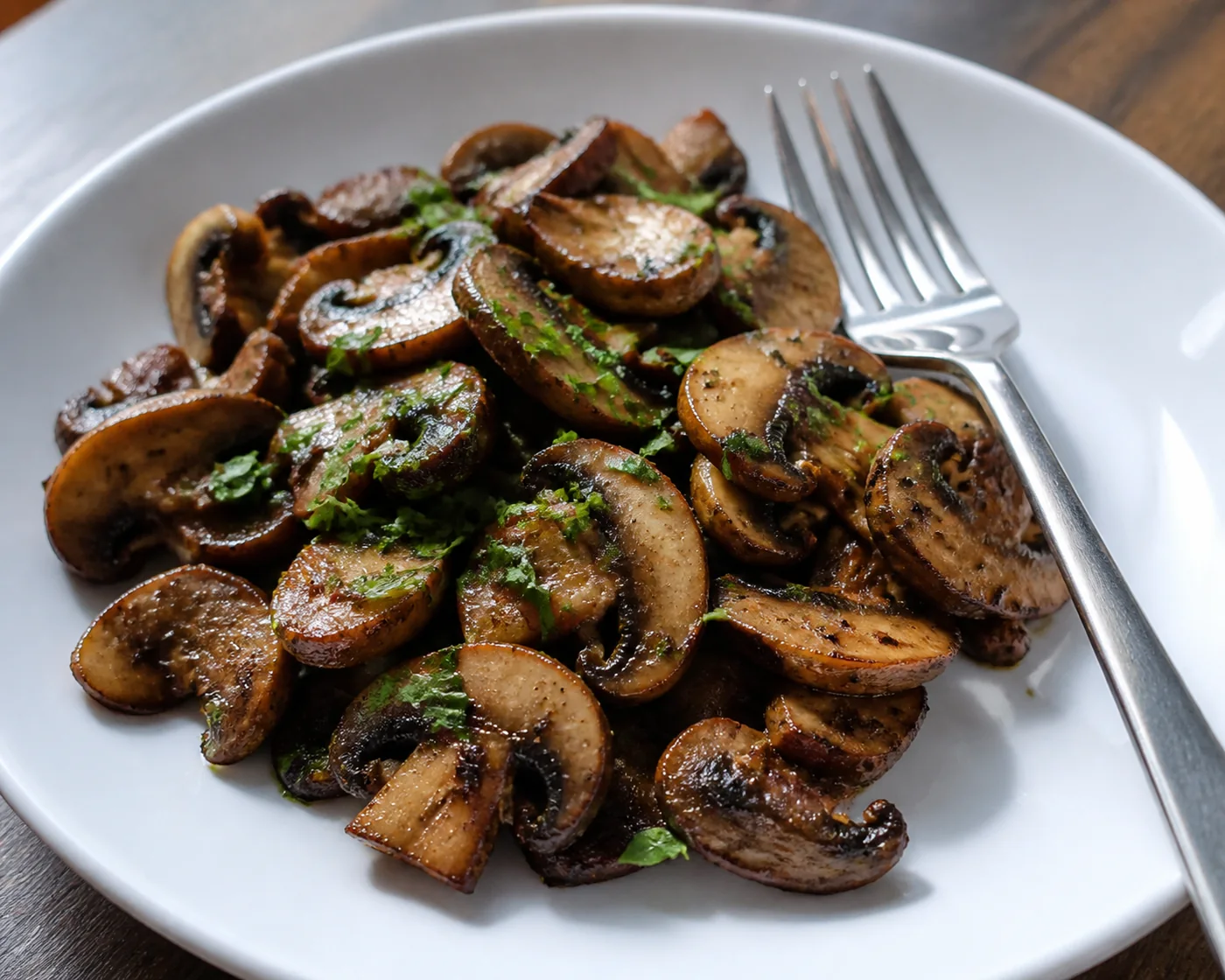 A plate of thoroughly cooked browned mushroom slices with parsley and a fork alongside on a plain white plate