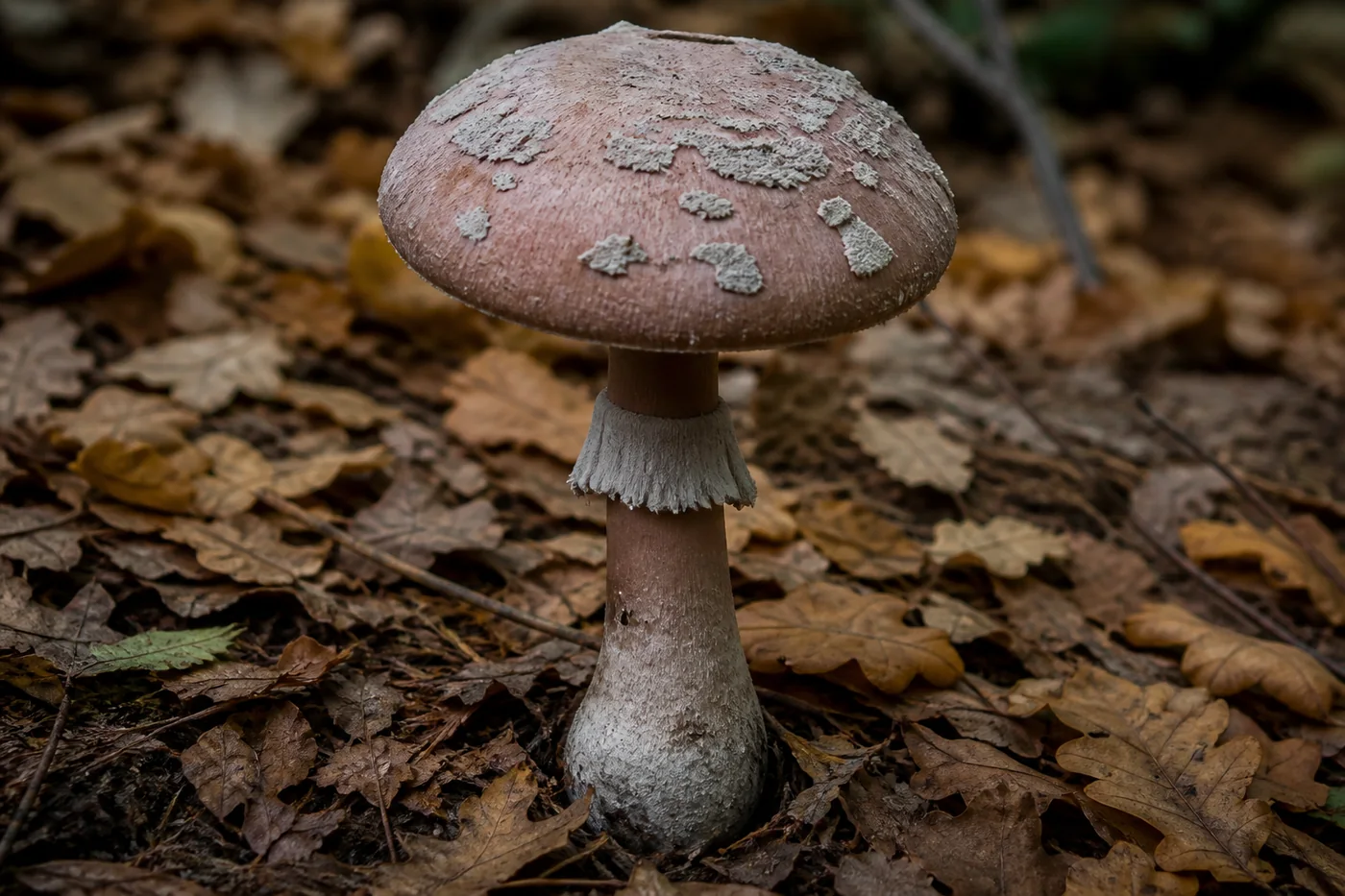 A pinkish brown mushroom standing in autumn leaf litter with irregular gray and off-white patches on the cap, a thin ragged hanging ring, and a swollen stem base with no cup around it