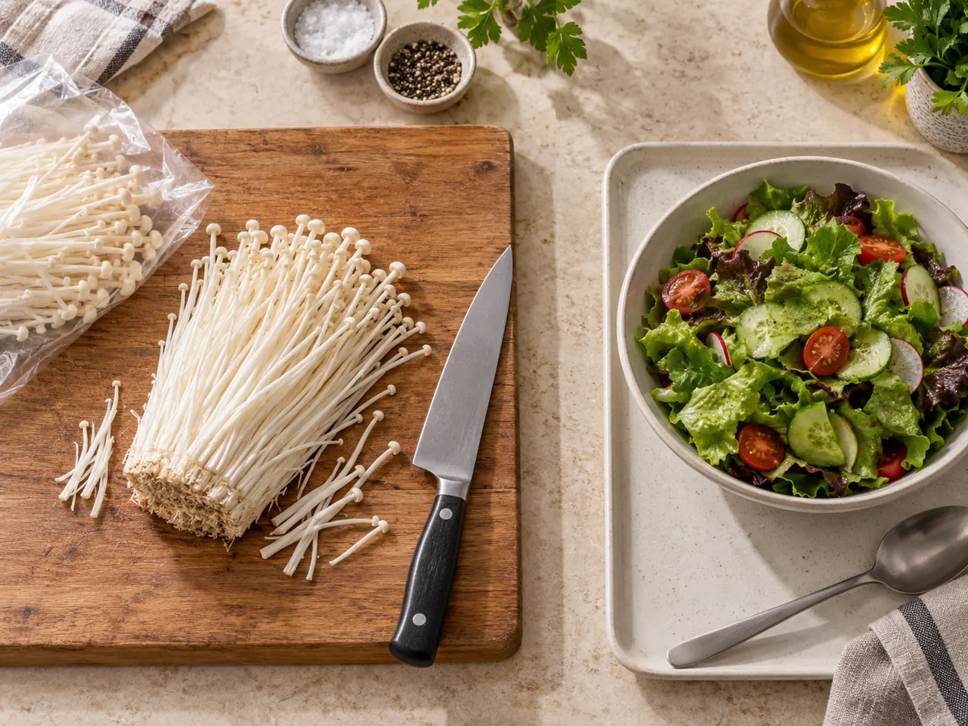 Raw white enoki on its preparation board kept apart from a ready-to-eat salad and its clean serving spoon