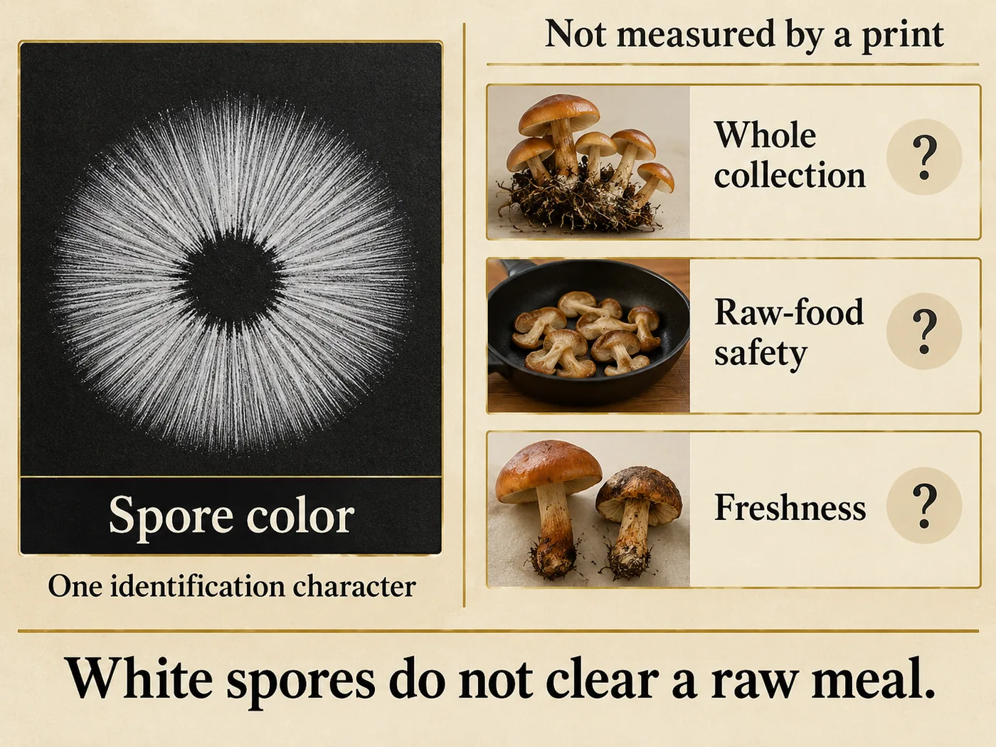 White radial spore deposit beside the collection, raw-food safety and freshness questions that it does not measure