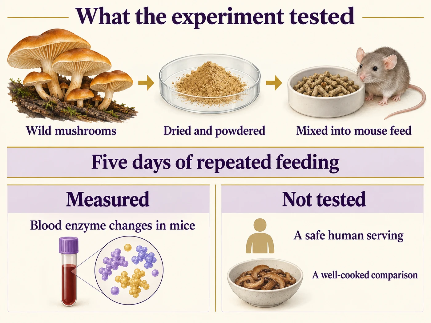Wild mushrooms dried into powder and mixed into mouse feed, with measured enzyme changes separated from untested human servings and cooked meals