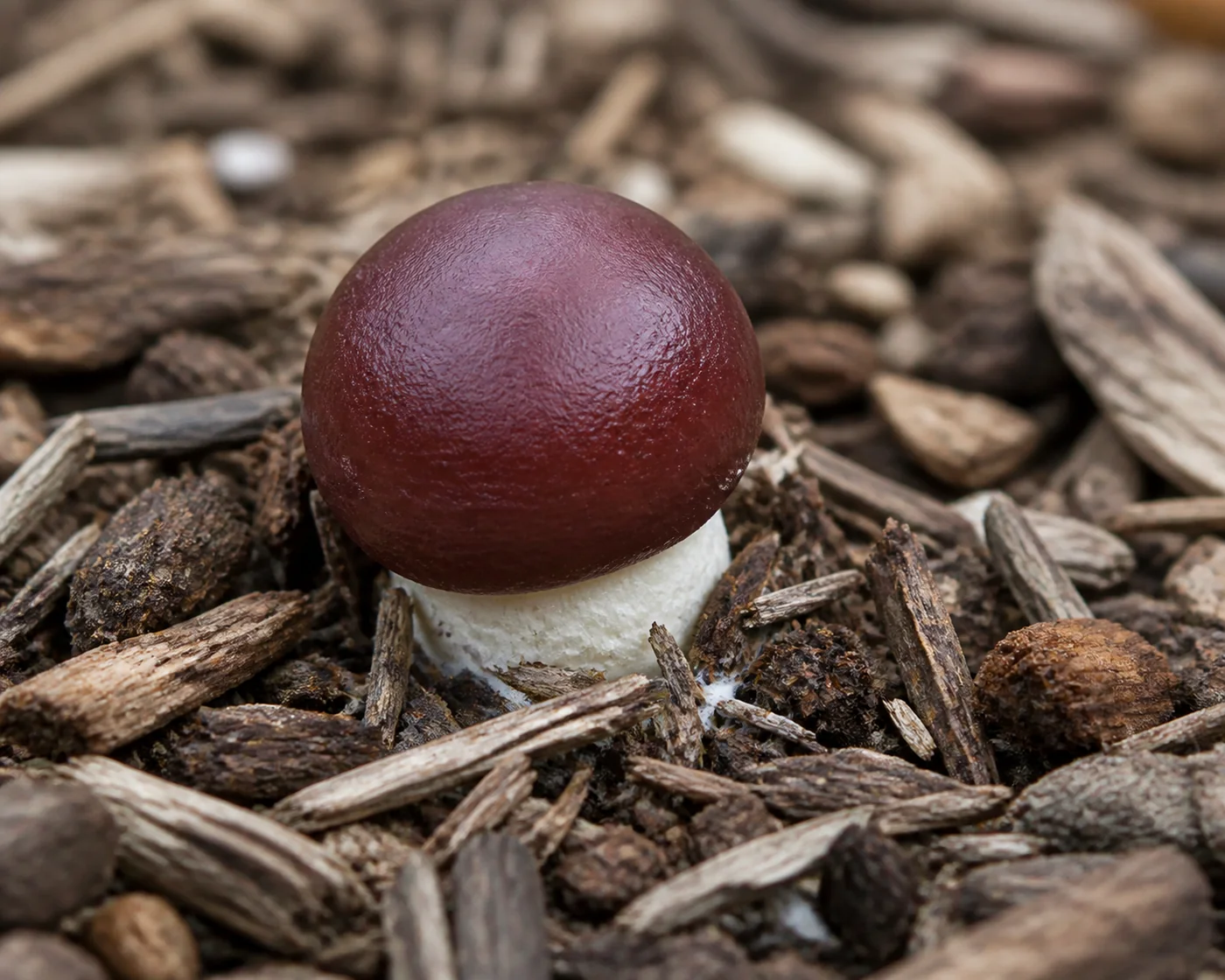 A single young unopened wine cap button pushing up through coarse hardwood chips with the chips disturbed around it