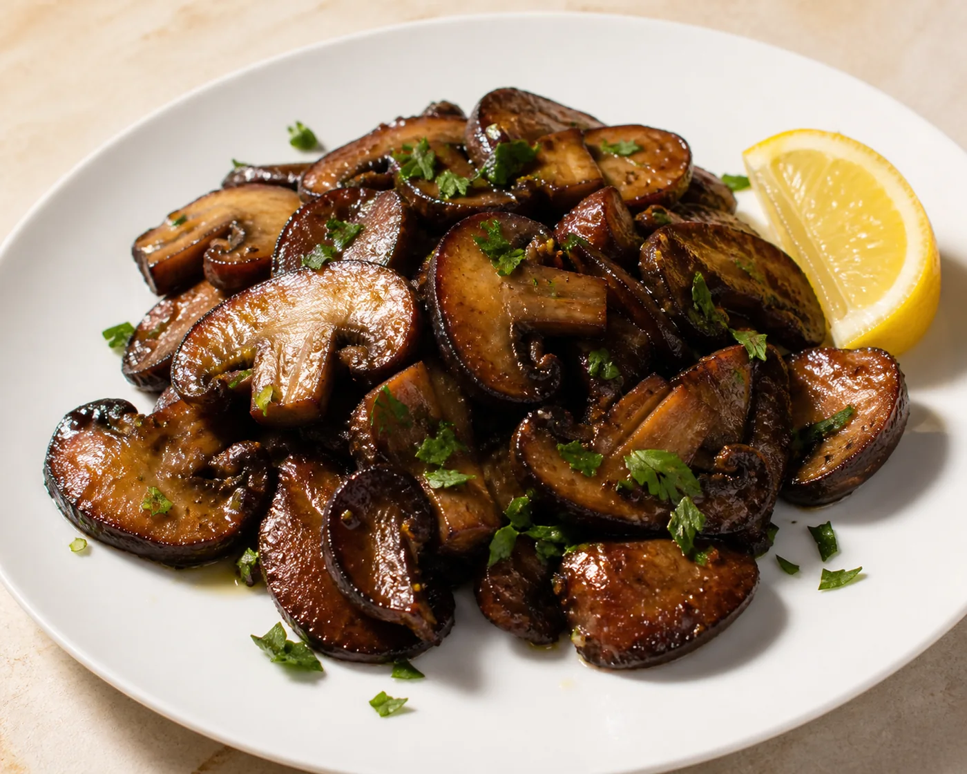 Browned crisp-edged wine cap slices piled on a white plate with chopped parsley and a wedge of lemon