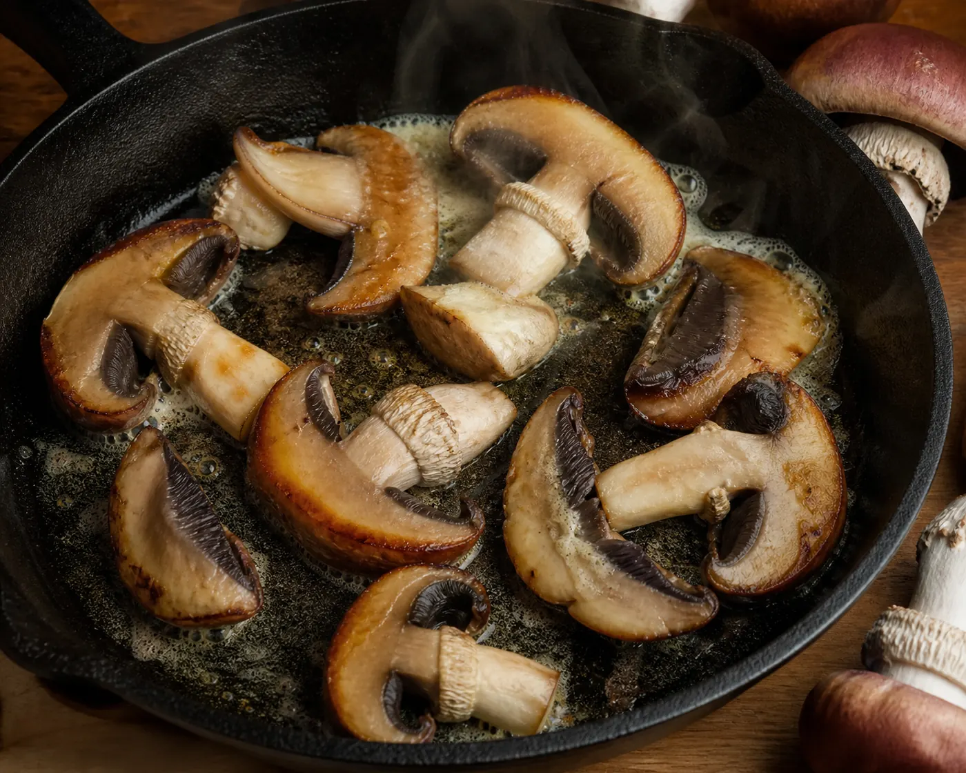 Thick wine cap slices browning in butter in a hot cast iron pan with the edges beginning to crisp