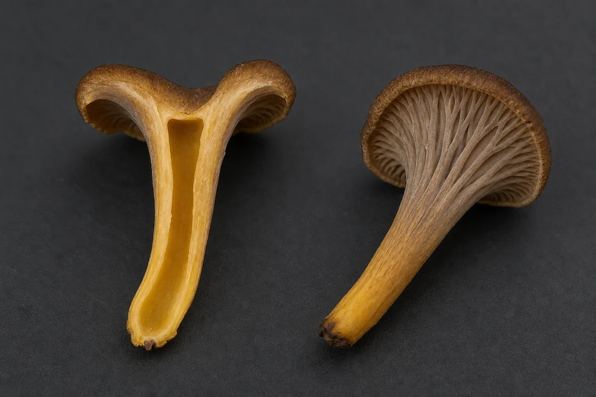 A verified winter chanterelle split from cap through yellow stem beside an intact specimen, showing the continuous hollow tube and blunt false ridges - winter chanterelle identity during pregnancy