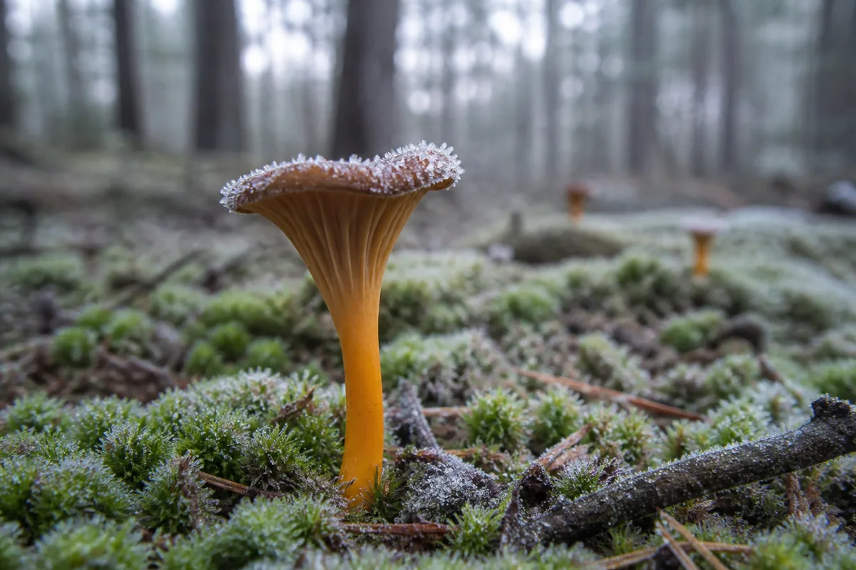 A firm verified winter chanterelle in moss with fine frost crystals at the cap edge and an intact yellow stem - checking post-frost winter chanterelle condition