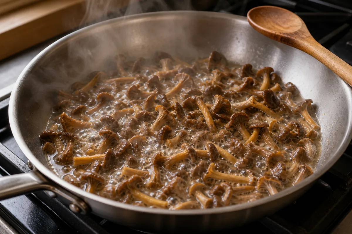 Clean winter chanterelles releasing liquid and steam in a stainless skillet before browning - cooking winter chanterelles during pregnancy