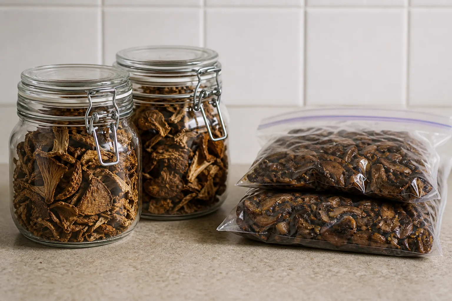 Airtight jars of dried yellowfoot beside sealed freezer bags of sauteed mushrooms on a plain counter
