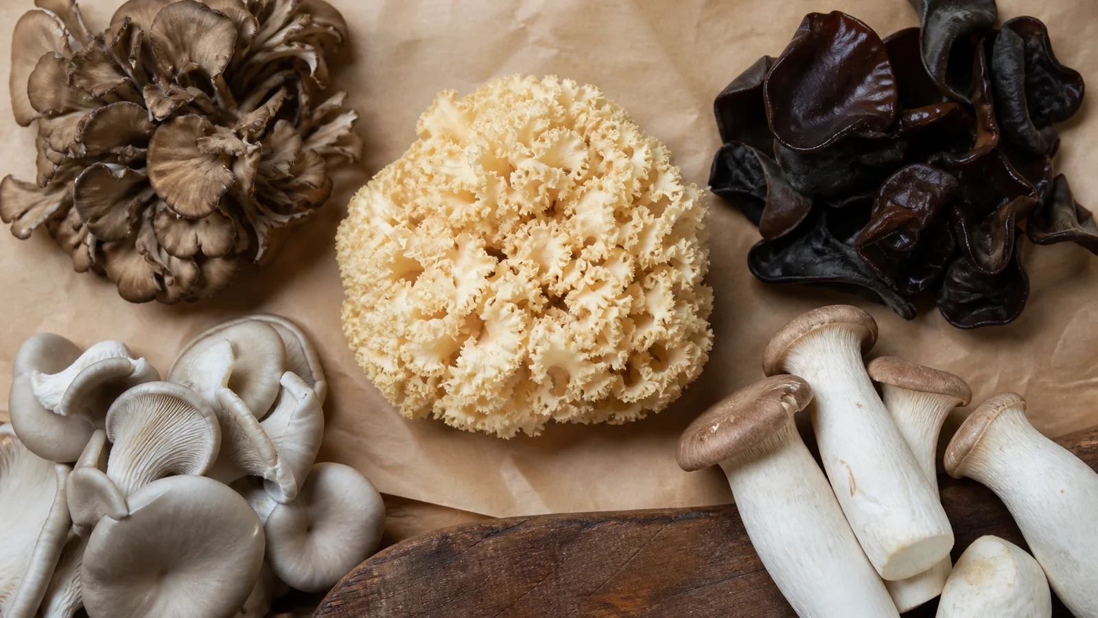 Cauliflower mushroom beside maitake, oyster, wood ear, and king oyster substitutes