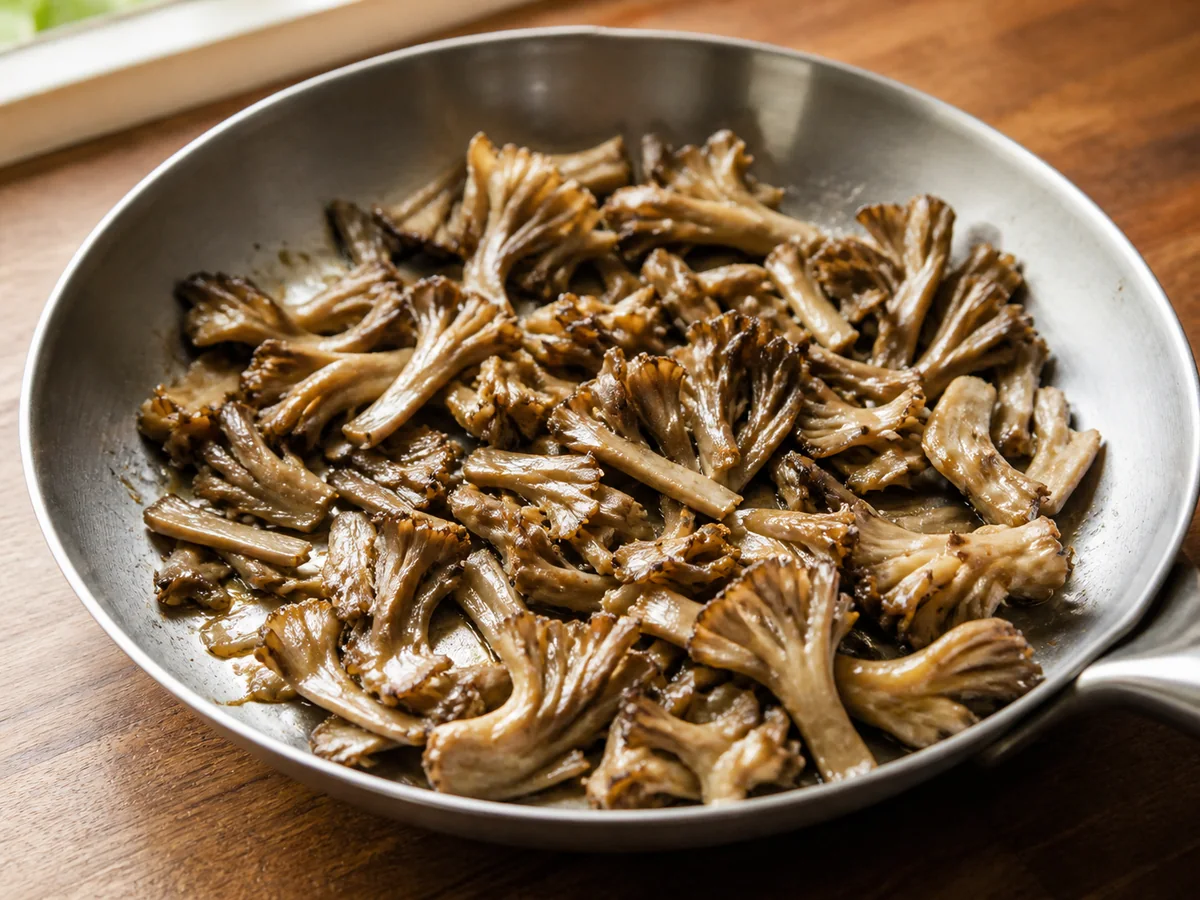 Torn maitake fronds sautéed to pale brown edges in the same visual scale as cauliflower mushroom curls