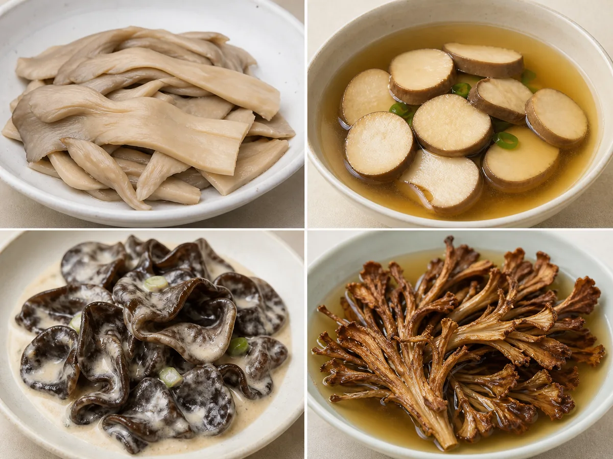 Four dishes showing overly flat oyster pieces, very firm king oyster coins, chewy wood ear, and fragile maitake fronds where cauliflower curls were expected