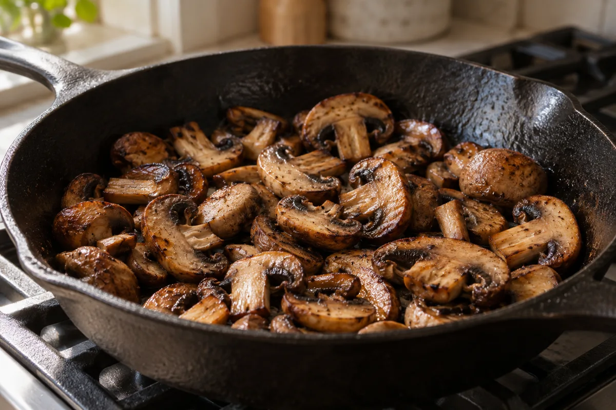 Deeply browned mushroom slices finished in a cast iron pan with dark caramelized edges and a glossy surface