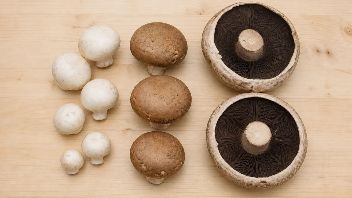 Three groups of mushrooms showing one species at three ages, white button, cremini and portobello