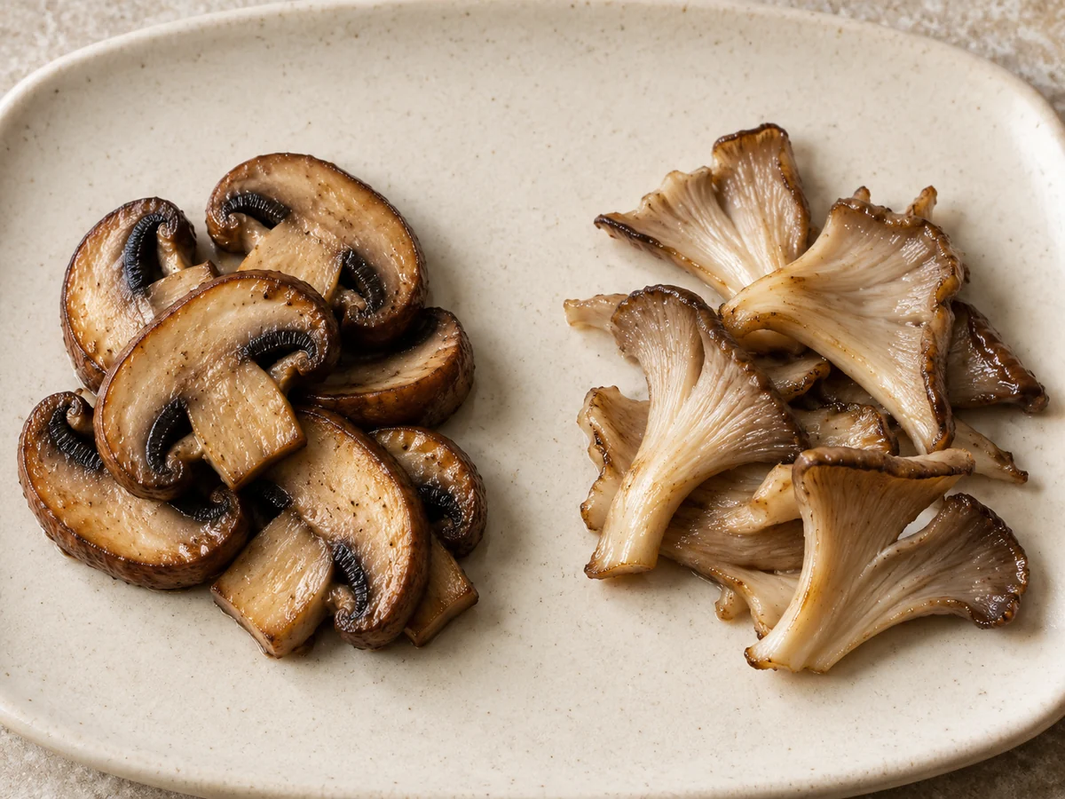 Cooked cremini cap slices beside folded oyster mushroom pieces