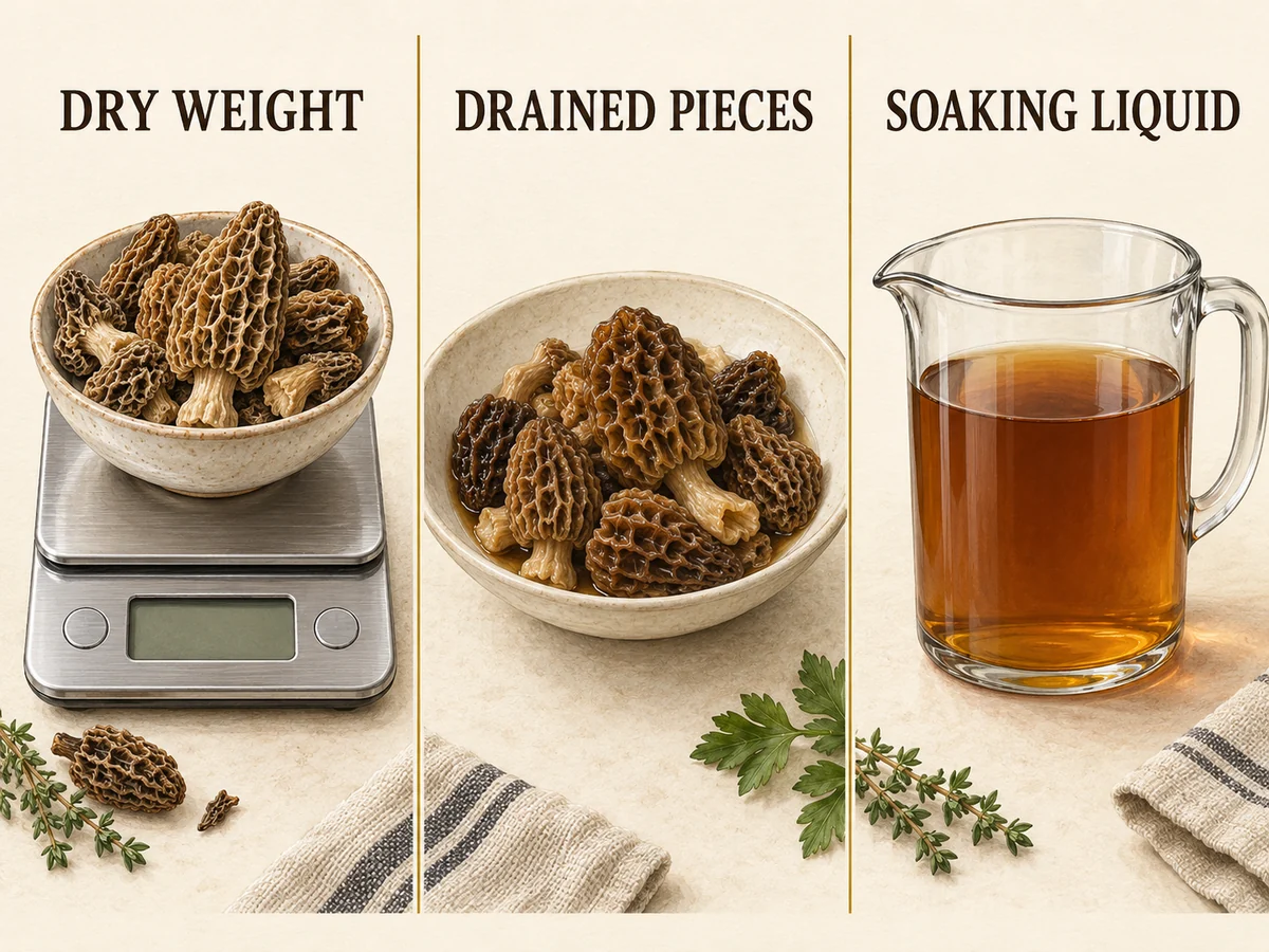 Dry mushrooms on a scale, drained mushrooms in a bowl and soaking liquid in a separate jug