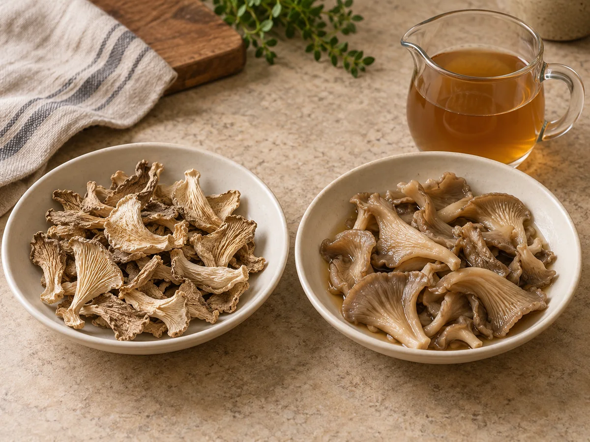 Dry curled oyster mushroom pieces beside softened drained pieces and a separate jug of soaking liquid