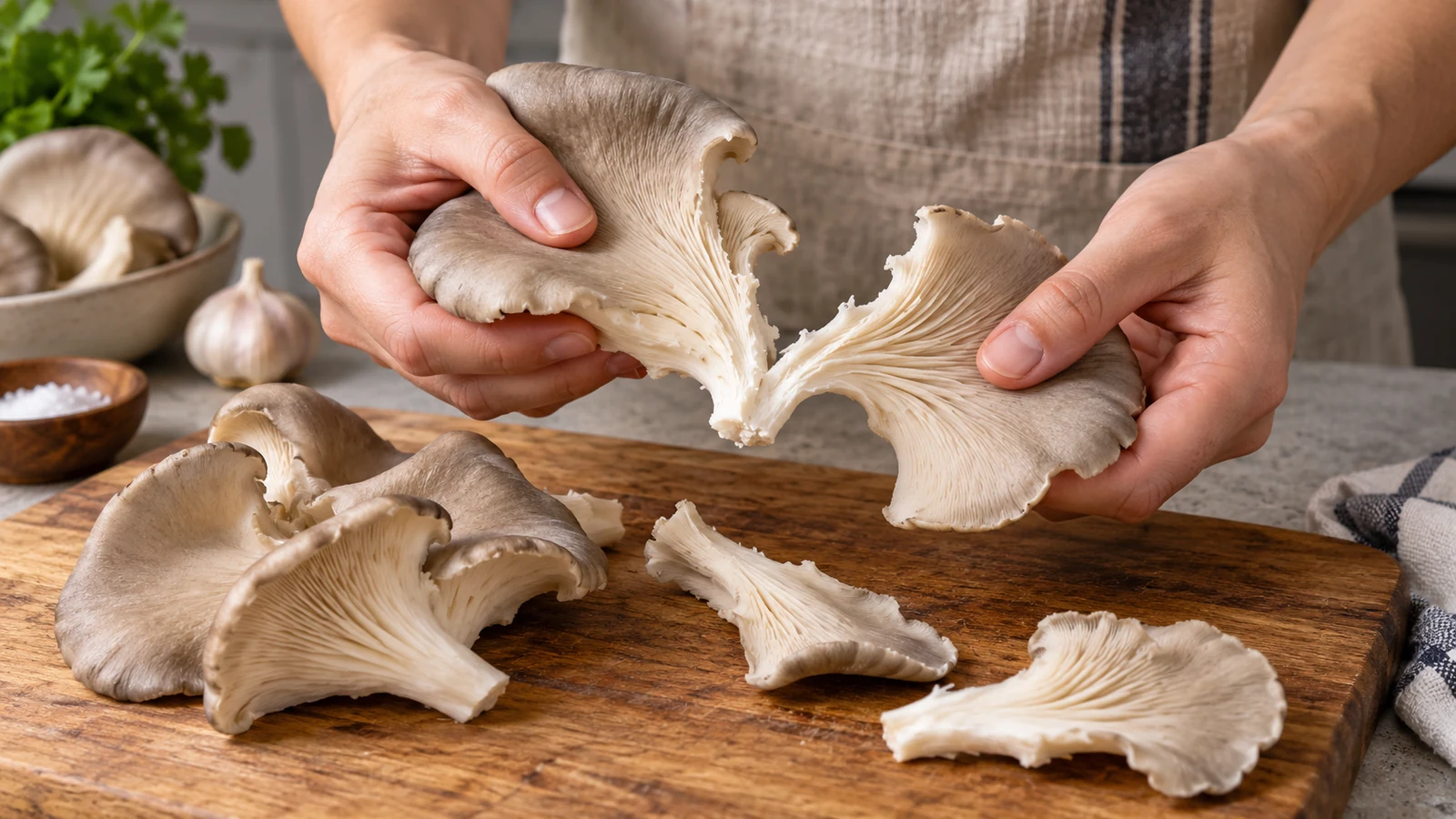 AI-generated illustration of hands tearing a fresh oyster mushroom fan over a wooden board